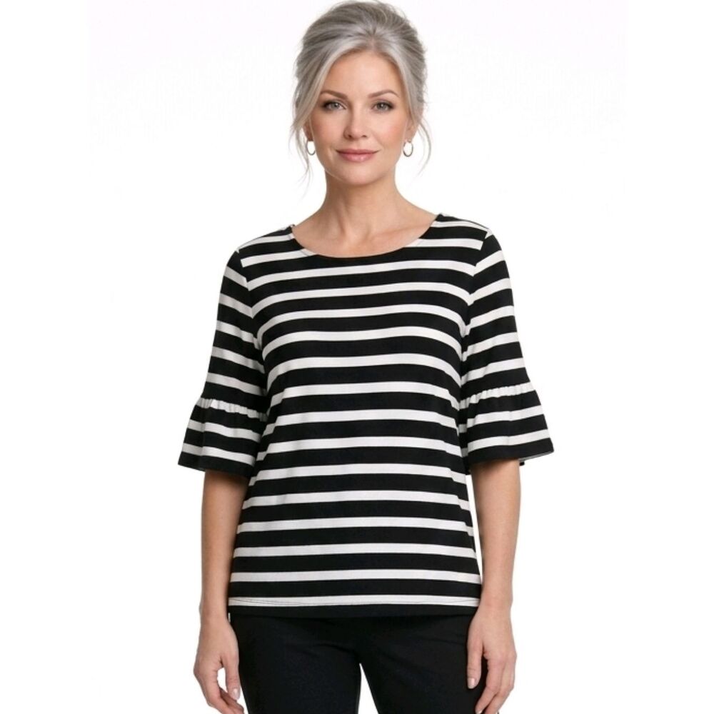 Talbots Black & White Striped  Ruffle Detail Sleeve Stretch Knit  Blouse Size L